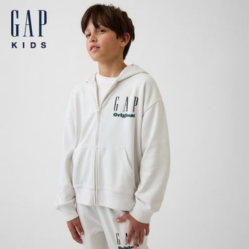 【GAP】兒童VintageSoft毛圈布寬鬆Gap Logo拉鍊連帽外套-白色(907668)