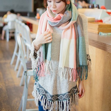 【幸福揚邑】羊絨質感格紋保暖圍巾/披肩-粉綠格