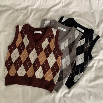 𝘀𝗵𝗶𝗻𝘆𝗶𝗶𝗶現貨 短版菱格背心 女生 撞色V領針織背心 流行百搭 針織毛衣 秋冬穿搭 疊穿 韓版