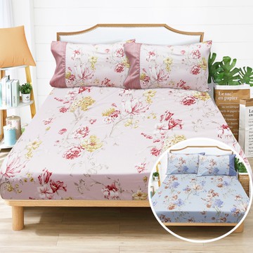 【FITNESS】精梳棉雙人床包枕套三件組-嫚花沁語(藍/粉兩色)_TRP多利寶