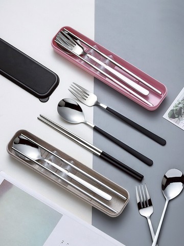 304不銹鋼筷子叉勺子三件套裝便攜精致家用餐具餐筷盒ins風日式小