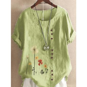 胖妹妹寬松亞麻小衫夏季大碼棉麻印花圓領短袖T恤休閑洋氣上衣女