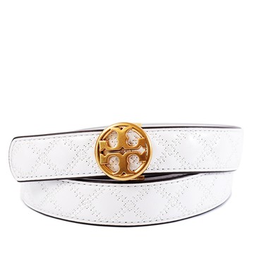 TORY BURCH Willa雙T圓標菱格雙面用窄版皮帶-白色-S