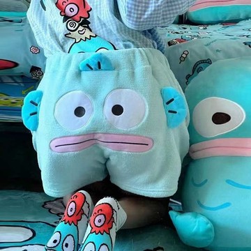 🚀台灣出貨虧本衝評🚀日本🇯🇵 新款卡通短褲搞怪醜魚刺繡子女珊瑚絨休閑短袖睡褲