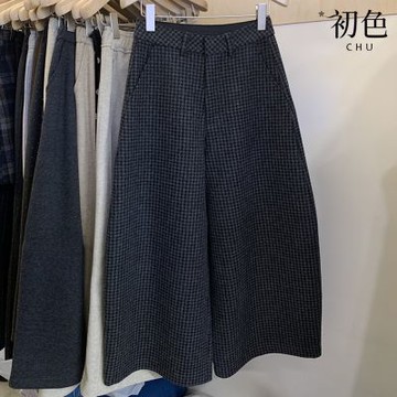 初色 文藝風磨毛格紋寬鬆闊腿西裝休閒褲寬褲長褲-深灰色-17229(M-XL可選)
