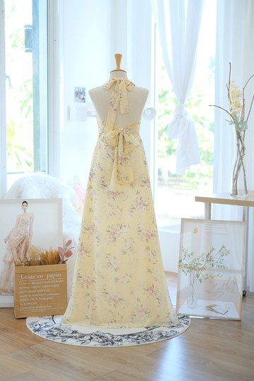 長洋裝 繞頸印花露背禮服 派對伴娘度假風