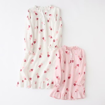春秋日系純棉紗布兒童長袖睡裙親子家居服女童寶寶女孩睡衣愛心