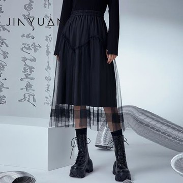金苑網紗半身裙冬裝新款高腰花邊中長裙顯瘦A字裙B225101