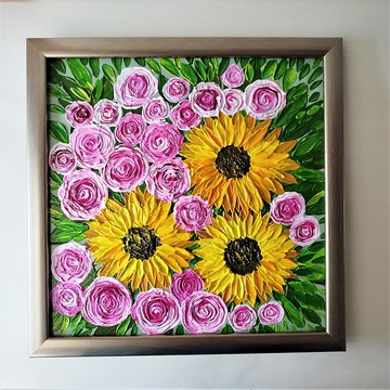 向日葵和玫瑰花藝手工壓克力質感繪畫花束