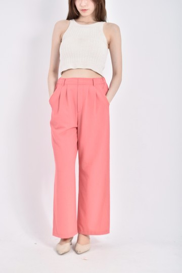 (M) green label relaxing高腰質感鬆緊腰素面粉色長褲