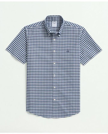 Brooks Brothers Men's Stretch Cotton Non-Iron Oxford Polo Button Down Collar, Gingham Short-Sleeve Shirt | Navy | Size Large