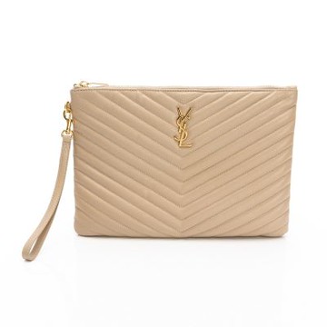 YSL聖羅蘭 V紋大手拿包(奶茶色/光滑皮革)