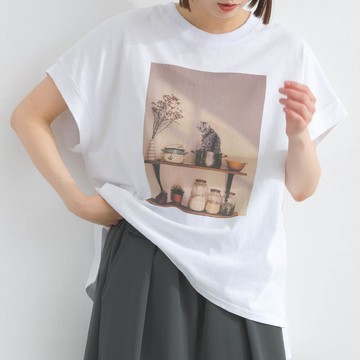 日本 Lupilien - 16支天竺棉 療癒印花法式袖上衣-貓咪的房間-白