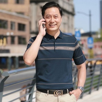【夏季】105公斤大碼 中年男短袖POLO衫  爸爸短袖t恤  中年男士冰絲POLO衫條紋中老年寬鬆上衣免燙