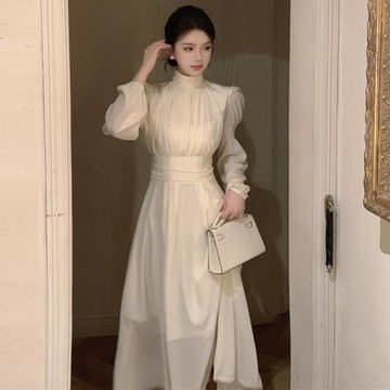 溫柔風茶歇法式氣質名媛高級感連衣裙垂墜感仙女收腰長裙子早春季