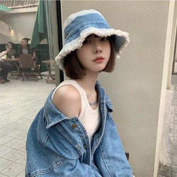 日系撞色牛仔藍色漁夫帽男女破壞風復古水洗盆帽磨邊遮臉水桶帽子