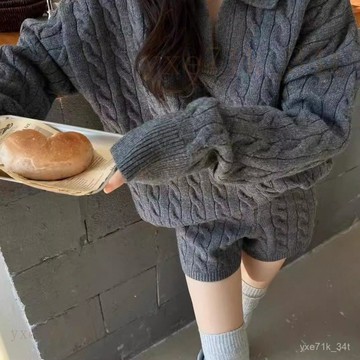 秋冬韓係套裝女 韓係慵懶風高級感麻花毛衣+短褲兩件套 針織衫上衣 短褲 溫柔風 兩件套 秋冬套裝 女生套裝