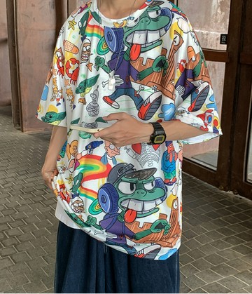 FINDSENSE X  漫畫 印花男士短袖T恤寬鬆休閑T恤衫