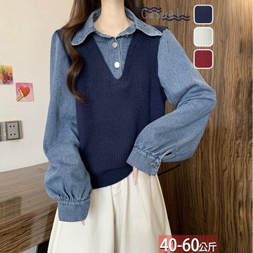 假兩件牛仔撞色針織上衣(35)【616307X】【現+預】☆流行前線☆