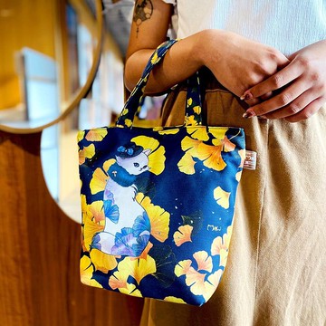 帆布小提袋 | 小餐袋 | 拉鍊款 | 可水洗 - 銀杏美人貓