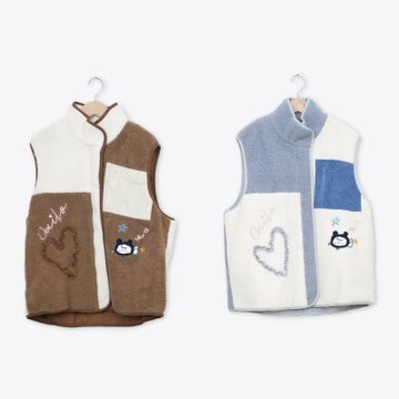 【Dailo】包頭弟繡花顆粒絨撞色背心外套 藍 咖