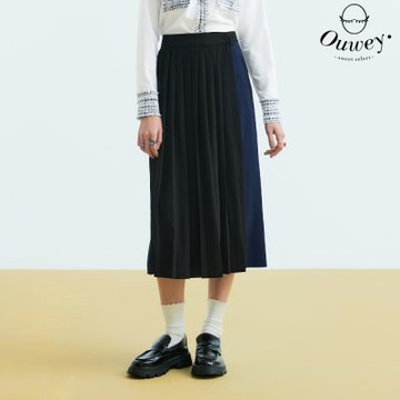 OUWEY歐薇 設計感撞色拼接百褶裙寬褲(黑色；S-L)3233326602