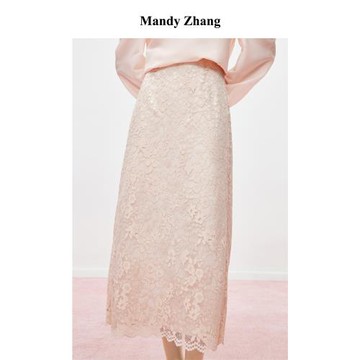 MandyZhang重工鏤空蕾絲粉色半身裙女春季氣質中長款直筒開衩裙子