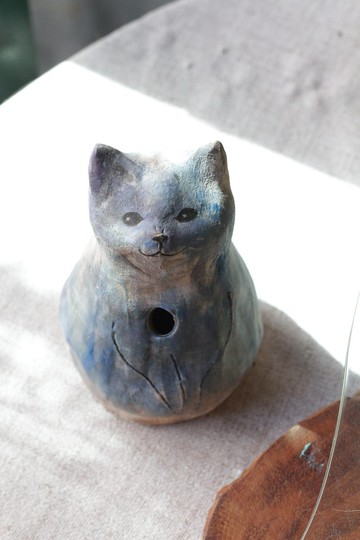 純手捏玩脈輪貓(眉心輪)陶瓷擺飾/乾燥花器