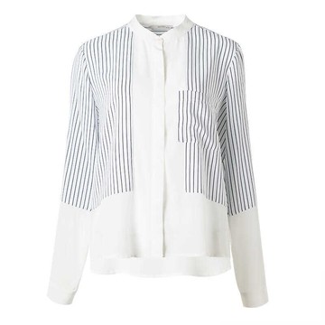 出廠價復古條紋拼接立領長袖襯衫時尚潮流上衣女春秋裝新款