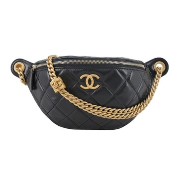 CHANEL經典螺紋雙C  LOGO菱格紋小羊皮腰包(黑色)