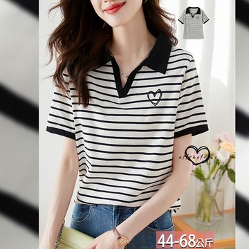 棉翻領愛心線條刺繡橫條紋雙色上衣 M-2XL【493472X】【現+預】☆流行前線☆