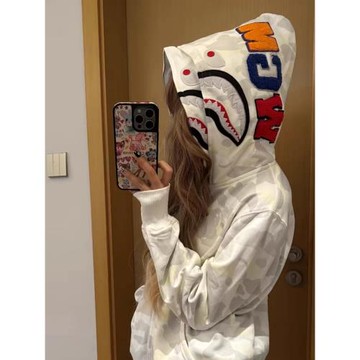 日系潮牌鯊魚衛衣情侶迷彩雙帽夜光斑點街頭休閑男女百搭開衫外套