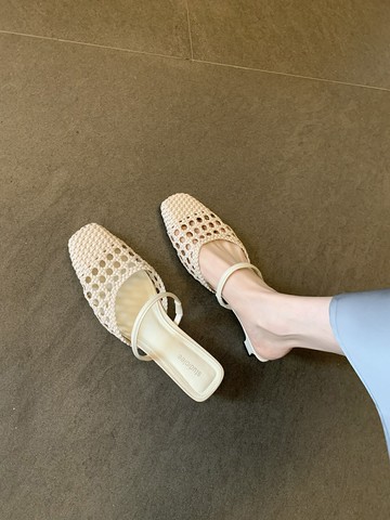 真皮包頭半拖鞋女外穿春夏季新款法式絕美涼鞋粗跟編織鏤空涼拖女【木屋雜貨】