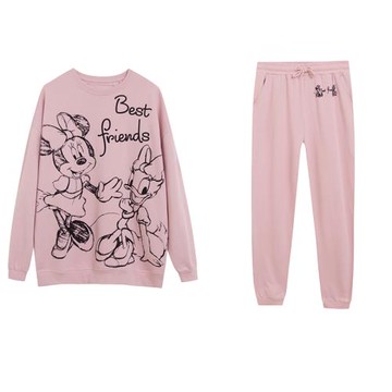 外貿春秋季素描卡通字母圓領衛衣女寬松大版減齡粉嫩衛褲套裝可愛