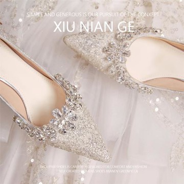 訂婚銀色婚鞋2025新款秋季水晶新娘鞋主婚紗結婚絕美高跟鞋女細跟