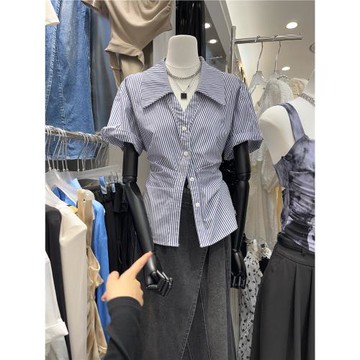韓國東大門2025夏季新款翻領條紋修身收腰抽褶單排扣短袖襯衫上衣