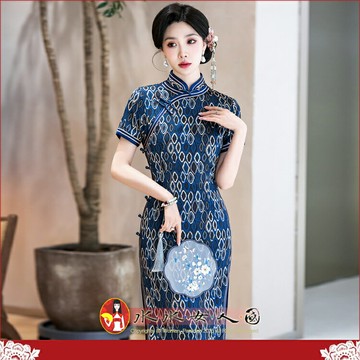 高端藍色印花長旗袍復古中國風修身顯瘦改良時尚優雅氣質短袖名媛洋裝日常宴會派對必備女士連身裙-波點-水水女人國