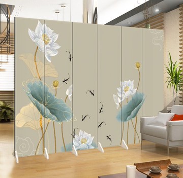 新中式荷花防水折屏風隔斷時尚客廳玄關養生美容古箏茶室佛堂餐館
