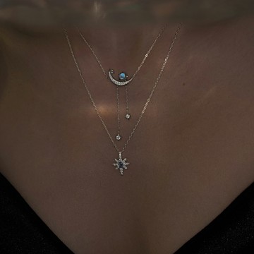 小寶s925純銀流蘇八芒星月亮項鏈2021年新款女小眾輕奢鎖骨鏈疊戴