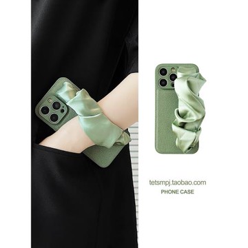 綠色絲巾腕帶適用蘋果17promax手機殼iPhone16promax保護套15pro女14新款13斜挎手拎11全包防摔16創意17pro潮