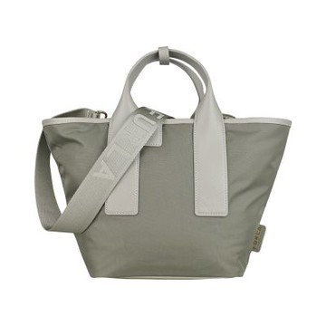 FURLA PIUMA 皮標經典LOGO尼龍內外撞色設計拉鍊手提斜背托特包(中/鼠尾草綠x大理石灰)