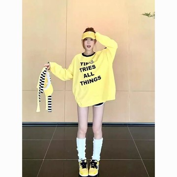【速發】美式高街多巴胺黃色長袖T恤 女秋季新款 oversize 潮牌寬鬆上衣 黃色系 長袖上衣 寬鬆T恤 美式上衣 多
