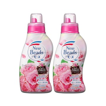 (2瓶超值組)日本KAO花王-New Beads植萃消臭香氛濃縮柔軟洗衣精740g/瓶-晨露玫瑰香(粉紅)(滾筒/直立式皆可,衣服清潔劑,花香柔軟精)