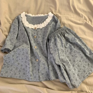 ✨精選好物✨可愛印花小熊帶胸墊睡衣女夏季甜美花邊領短袖套裝家居服 睡衣套裝 居家服 小熊帶胸墊睡衣女 花邊短袖套裝