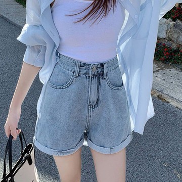 胖胖美依 熱褲 休閒褲 牛仔褲M-2XL高腰牛仔短褲春夏a字闊腿寬鬆百搭運動顯瘦熱褲-7911.