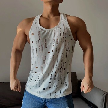 YLIE 男背心 男士背心 坎肩背心 涼感衣 無袖背心 未來感破洞鏤空背心 細肩帶無袖t恤蹦迪健身肌肉男顯身材性感輕薄