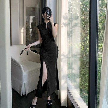 【桃喜Rich女裝】黑色旗袍 無袖旗袍 新中式提花改良旗袍連身裙 顯瘦性感開叉大擺裙 復古長裙 國風洋裝