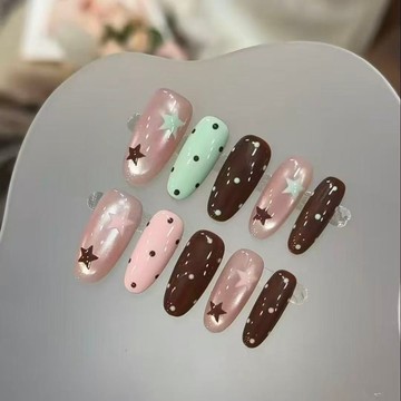 ✨台灣出貨✨【星動派對】粉咖撞綠少女AB款學生日常百搭純手工高級美甲穿戴甲
