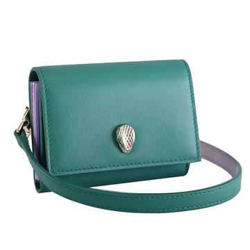 BVLGARI 寶格麗 292836 金屬蛇頭附斜背帶卡片收納包.綠/紫