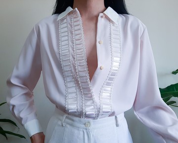 復古粉彩粉紅襯衫白領粉彩襯衫搭配蕾絲心型紐扣尺寸 S-M